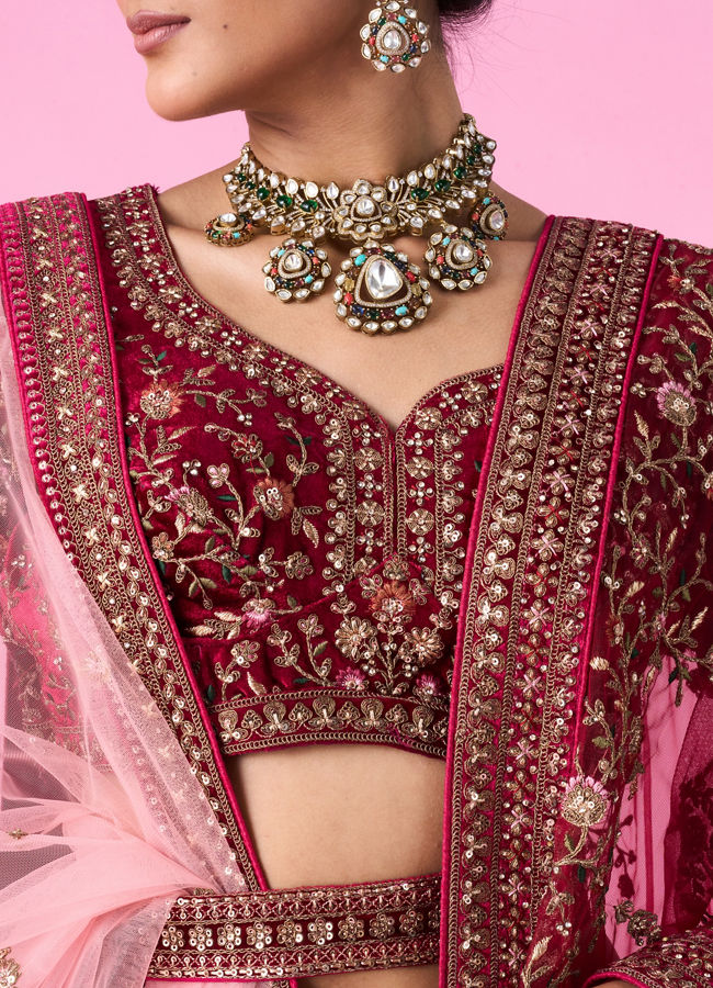 Mohey Women Velvety Maroon Bridal Lehenga