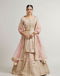 Mohey Women Soft Cream Floral Embroidered Lehenga with Sequin Work and Pillow Trim Latkans