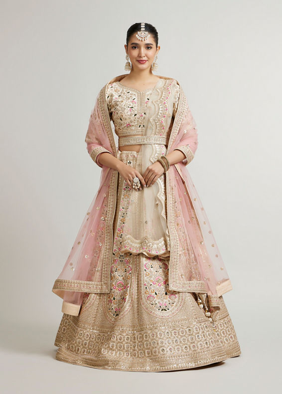 Mohey Women Soft Cream Floral Embroidered Lehenga with Sequin Work And Pillow Trim Latkans