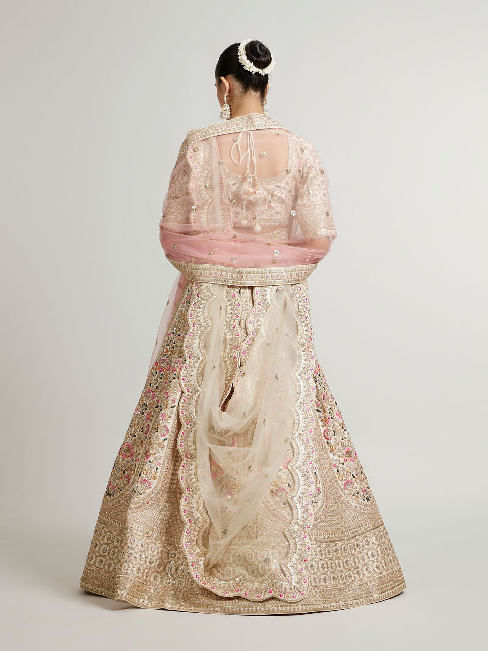 Mohey Women Soft Cream Floral Embroidered Lehenga with Sequin Work And Pillow Trim Latkans