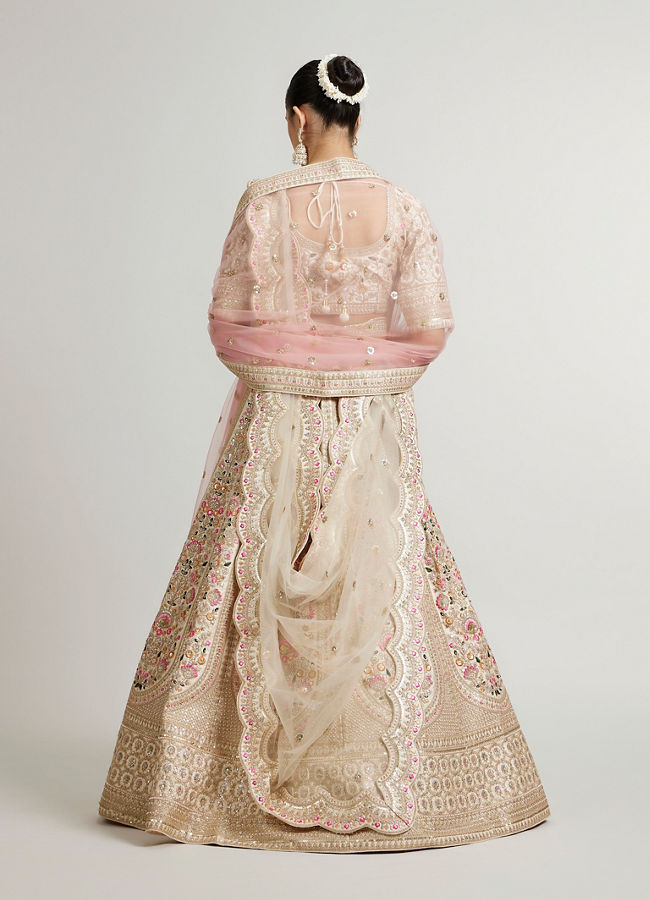 Mohey Women Soft Cream Floral Embroidered Lehenga with Sequin Work And Pillow Trim Latkans