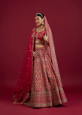 Mohey Women Rani Pink Floral Embroidered Lehenga with Pillow Trim Latkans image number 2