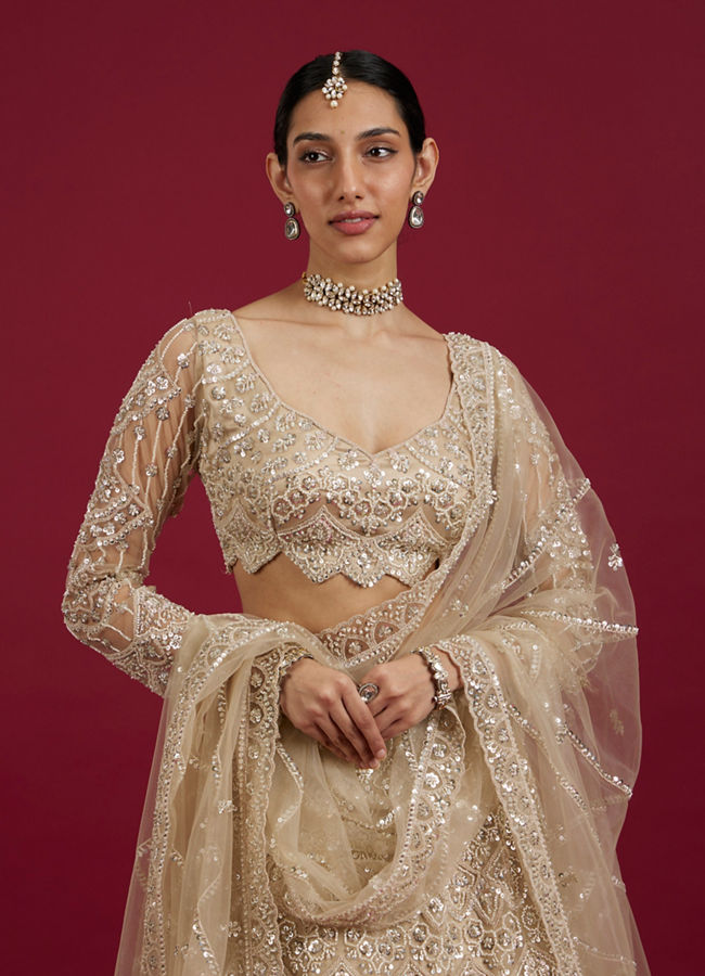 Mohey Women Soft Beige Scallop Patterned Lehenga with Sequin Embroidery And Potli Trim Latkans