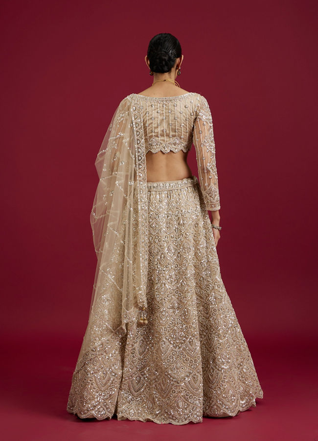 Mohey Women Soft Beige Scallop Patterned Lehenga with Sequin Embroidery