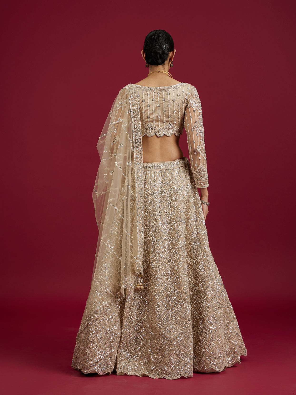 Mohey Women Soft Beige Scallop Patterned Lehenga with Sequin Embroidery