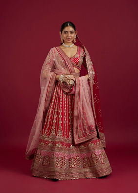 Mohey Women Rani Red Floral Embroidered Lehenga with Sequin Work