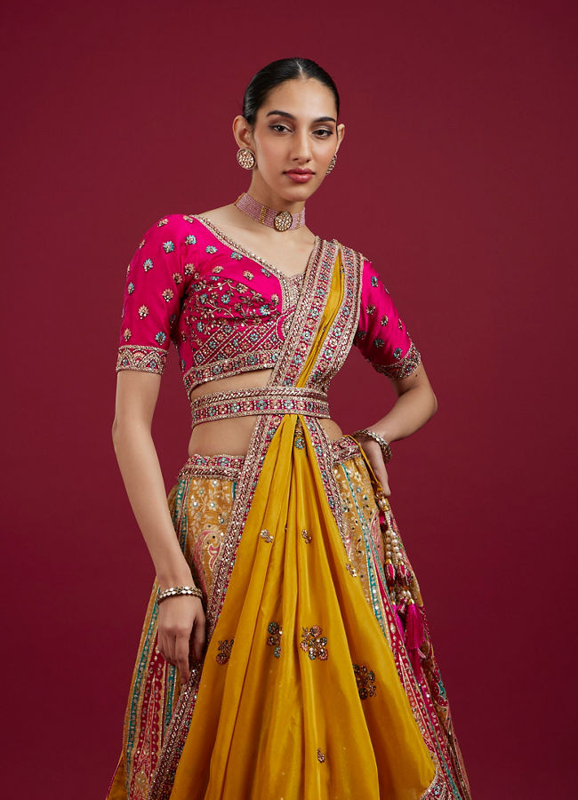 Mohey Women Radiant Yellow Silk Benarasi Lehenga Set with Dupatta
