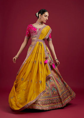 Mohey Women Radiant Yellow Silk Benarasi Lehenga Set with Dupatta