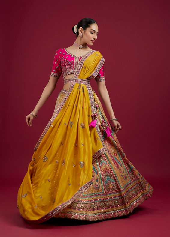 Mohey Women Radiant Yellow Silk Lehenga Set with Dupatta