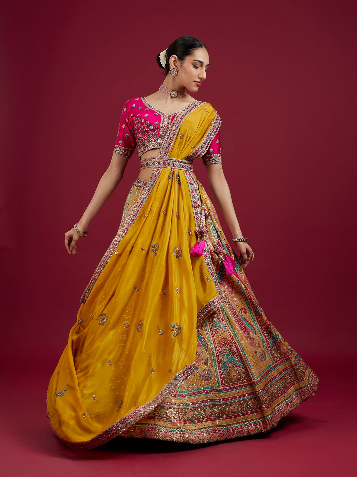 Mohey Women Radiant Yellow Silk Benarasi Lehenga Set with Dupatta