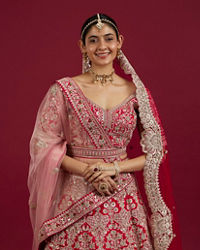 Mohey Women Scarlet Red Embroidered Lehenga with Stone Work, Peacock And Bel Buti Motifs