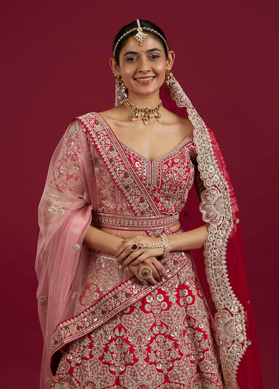 Mohey Women Scarlet Red Embroidered Lehenga with Stone Work, Peacock and Bel Buti Motifs