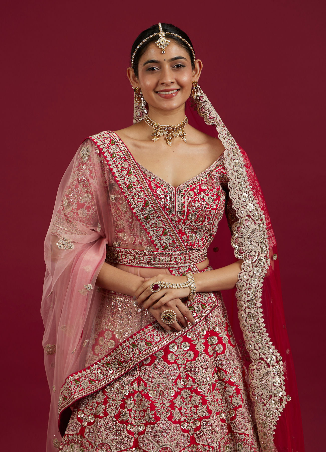 Mohey Women Scarlet Red Embroidered Lehenga with Stone Work, Peacock and Bel Buti Motifs