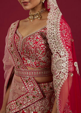 Mohey Women Scarlet Red Embroidered Lehenga with Stone Work, Peacock and Bel Buti Motifs image number 3