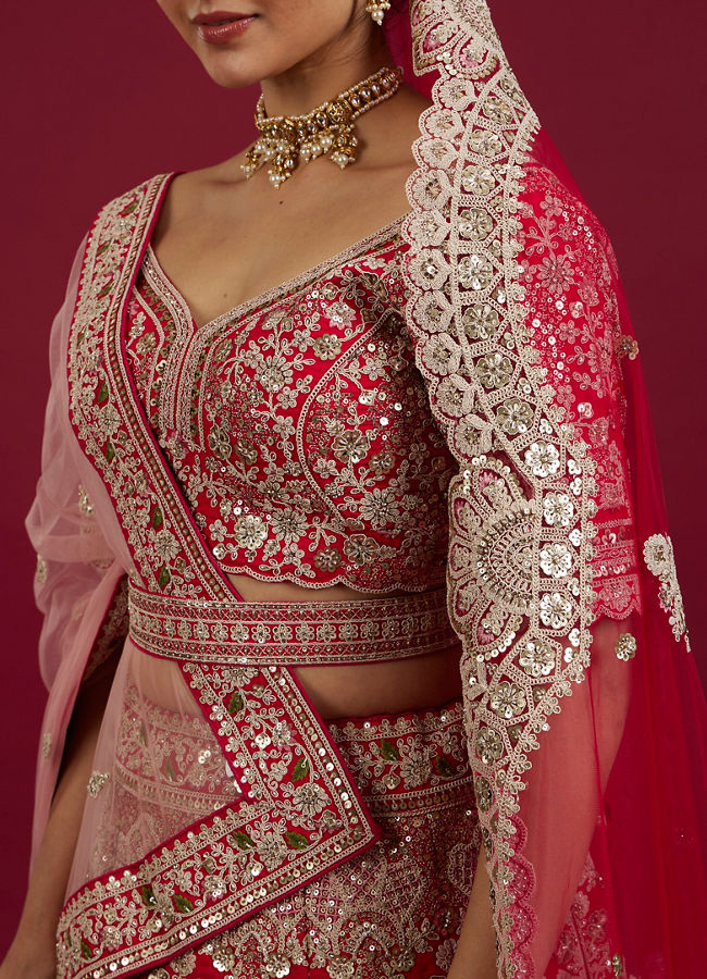 Mohey Women Scarlet Red Embroidered Lehenga with Stone Work, Peacock and Bel Buti Motifs image number 3