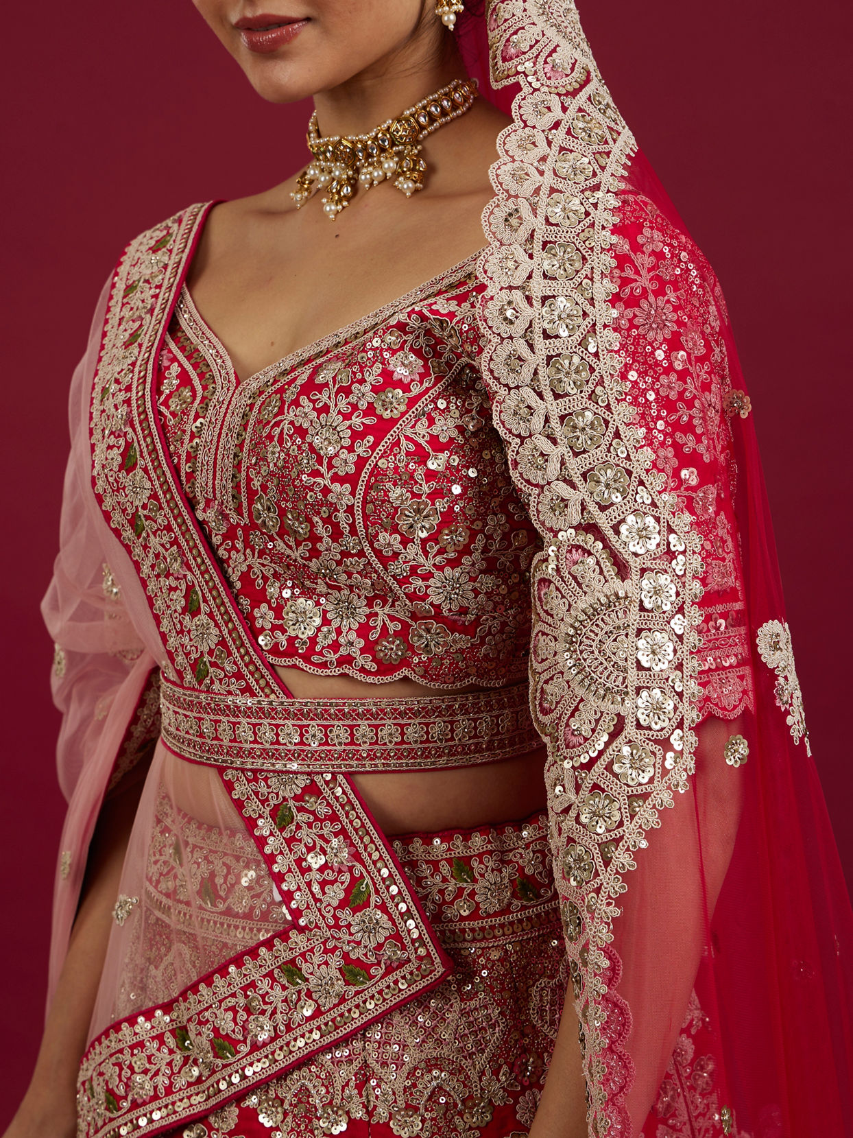 Mohey Women Scarlet Red Embroidered Lehenga with Stone Work, Peacock And Bel Buti Motifs