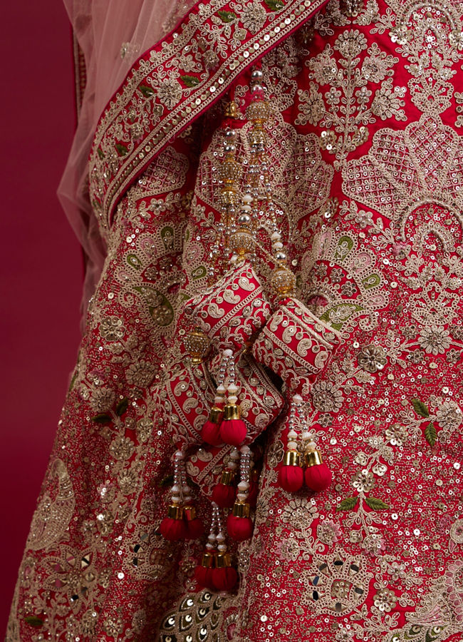 Mohey Women Scarlet Red Embroidered Lehenga with Stone Work, Peacock And Bel Buti Motifs