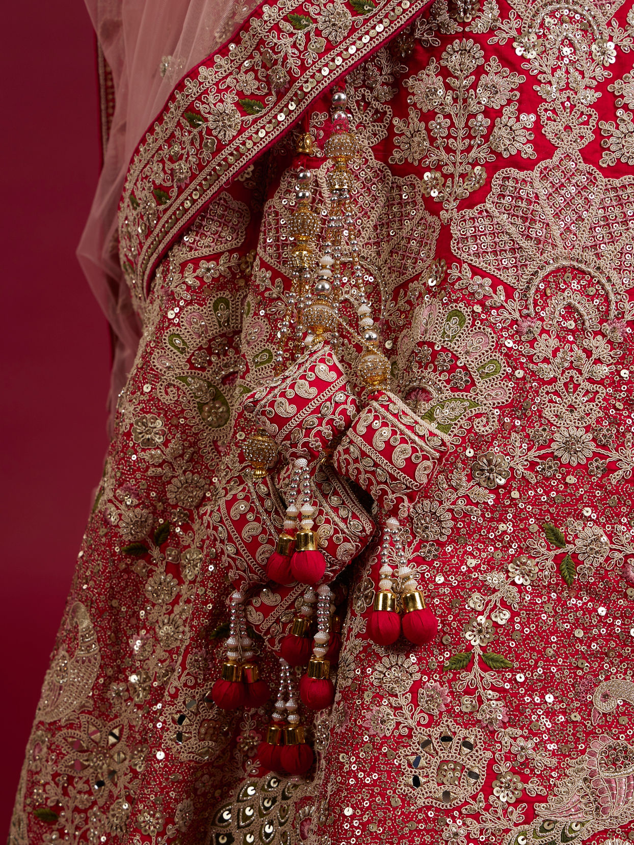 Mohey Women Scarlet Red Embroidered Lehenga with Stone Work, Peacock And Bel Buti Motifs