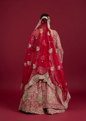 Mohey Women Scarlet Red Embroidered Lehenga with Stone Work, Peacock and Bel Buti Motifs image number 5