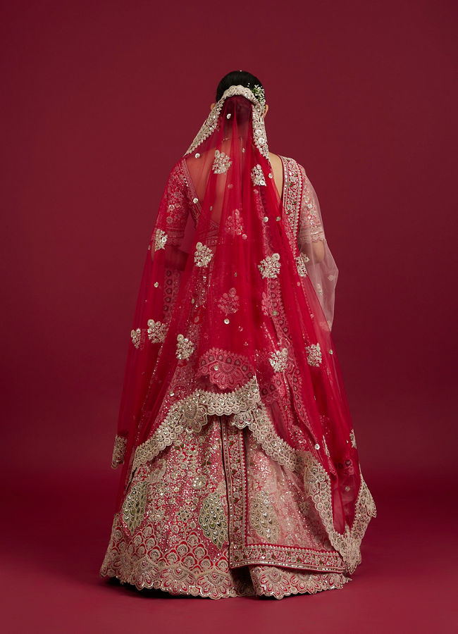 Mohey Women Scarlet Red Embroidered Lehenga with Stone Work, Peacock And Bel Buti Motifs