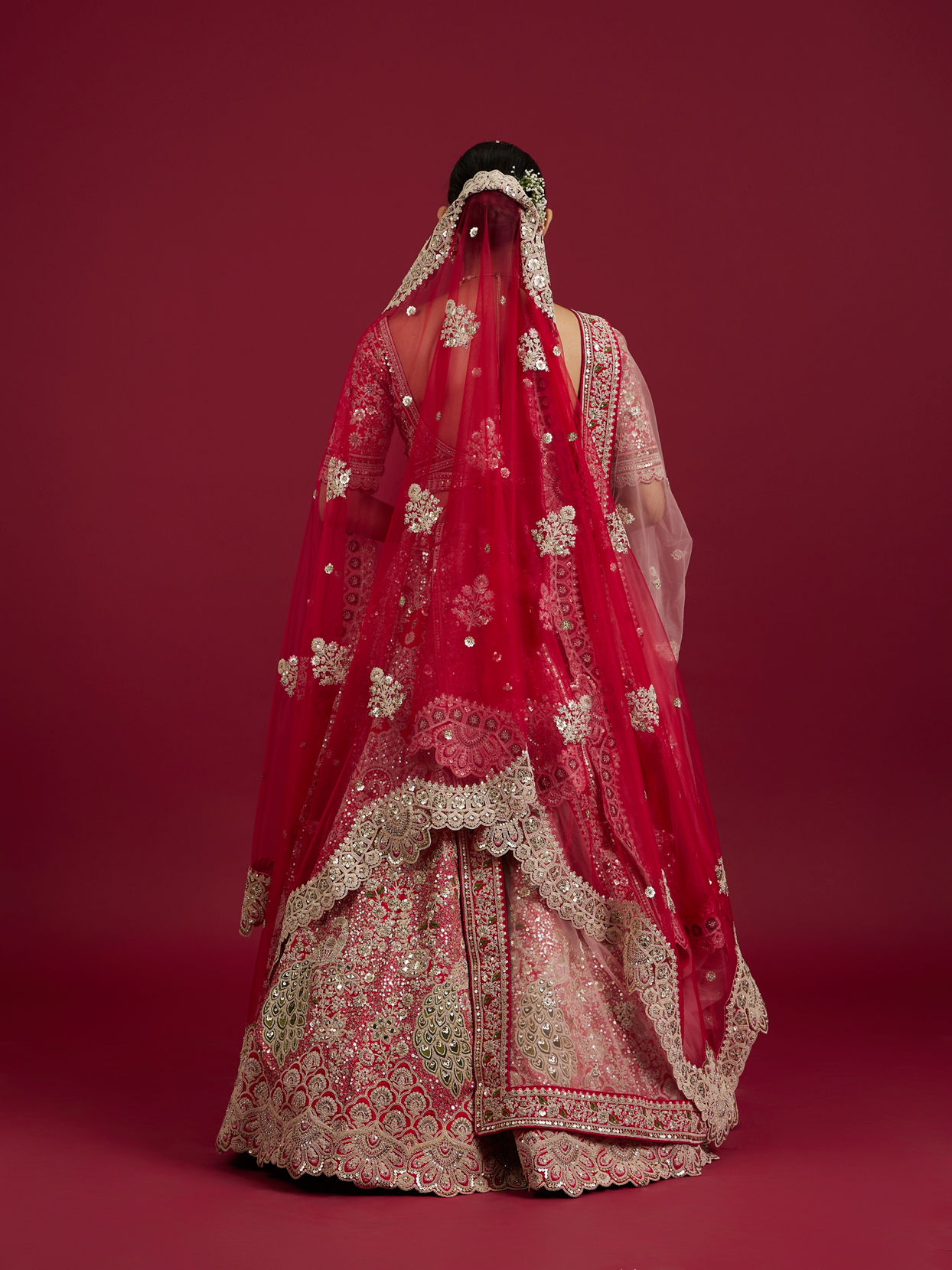 Mohey Women Scarlet Red Embroidered Lehenga with Stone Work, Peacock And Bel Buti Motifs