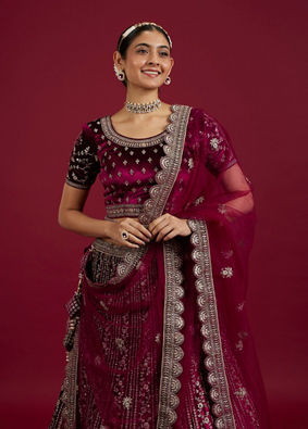 Mohey Women Wine Velvet Bliss Lehenga