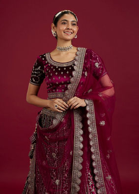 Mohey Women Wine Velvet Bliss Lehenga image number 1