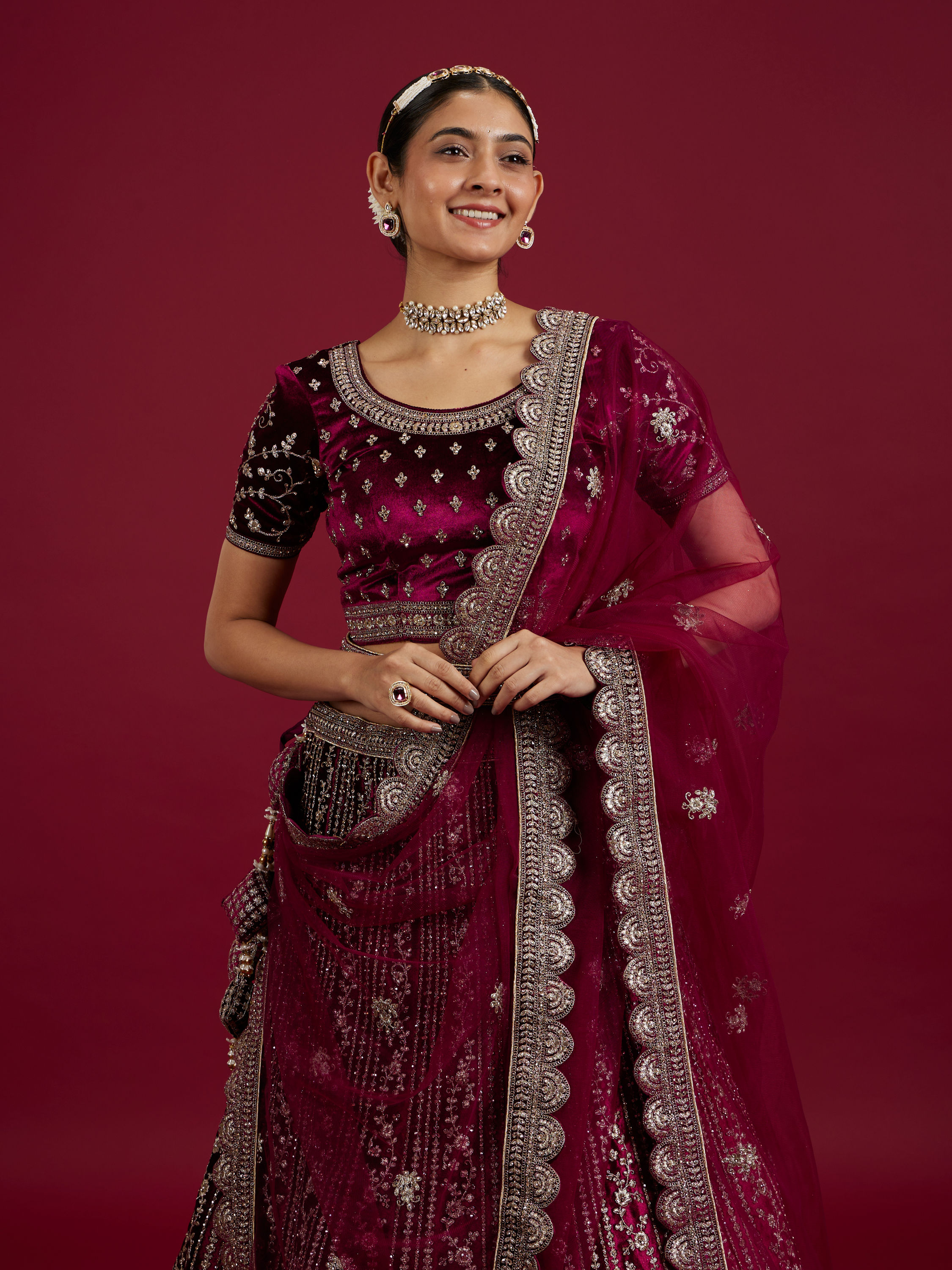 Mohey Women Wine Velvet Bliss Lehenga