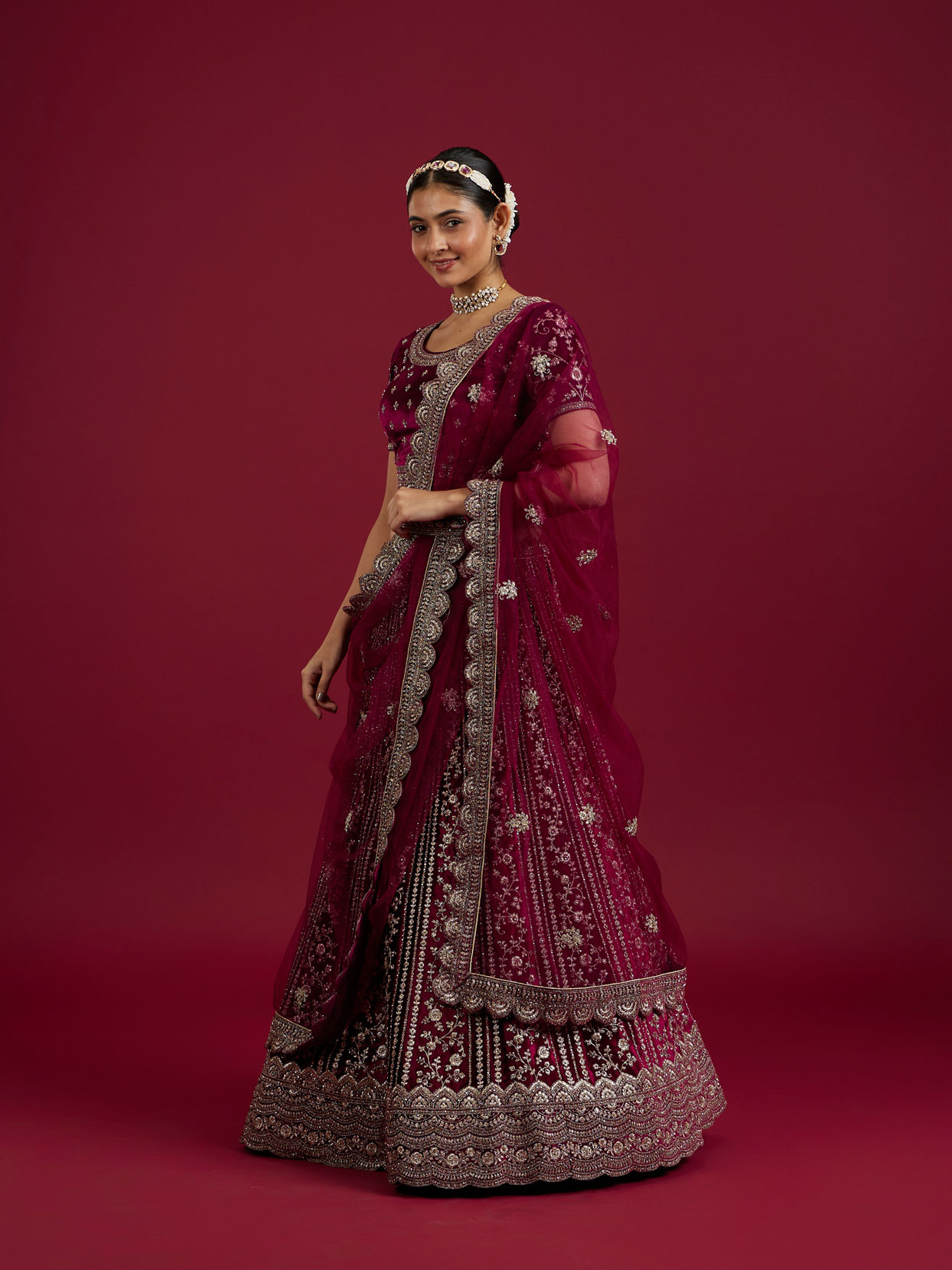 Mohey Women Wine Velvet Bliss Lehenga image number 2