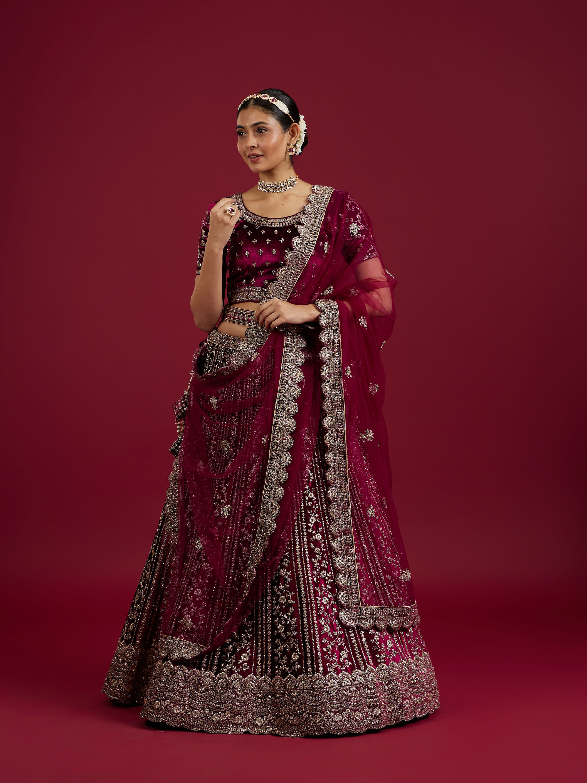 Mohey Women Wine Velvet Bliss Lehenga