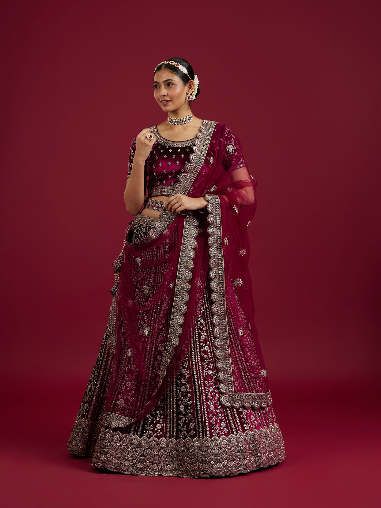 Mohey Women Wine Velvet Bliss Lehenga