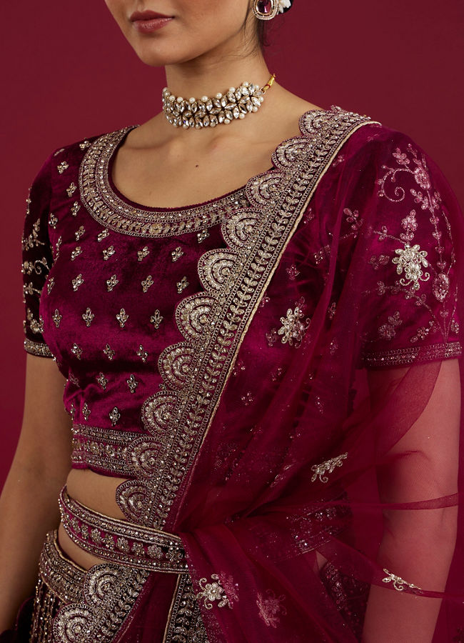 Mohey Women Wine Velvet Bliss Lehenga