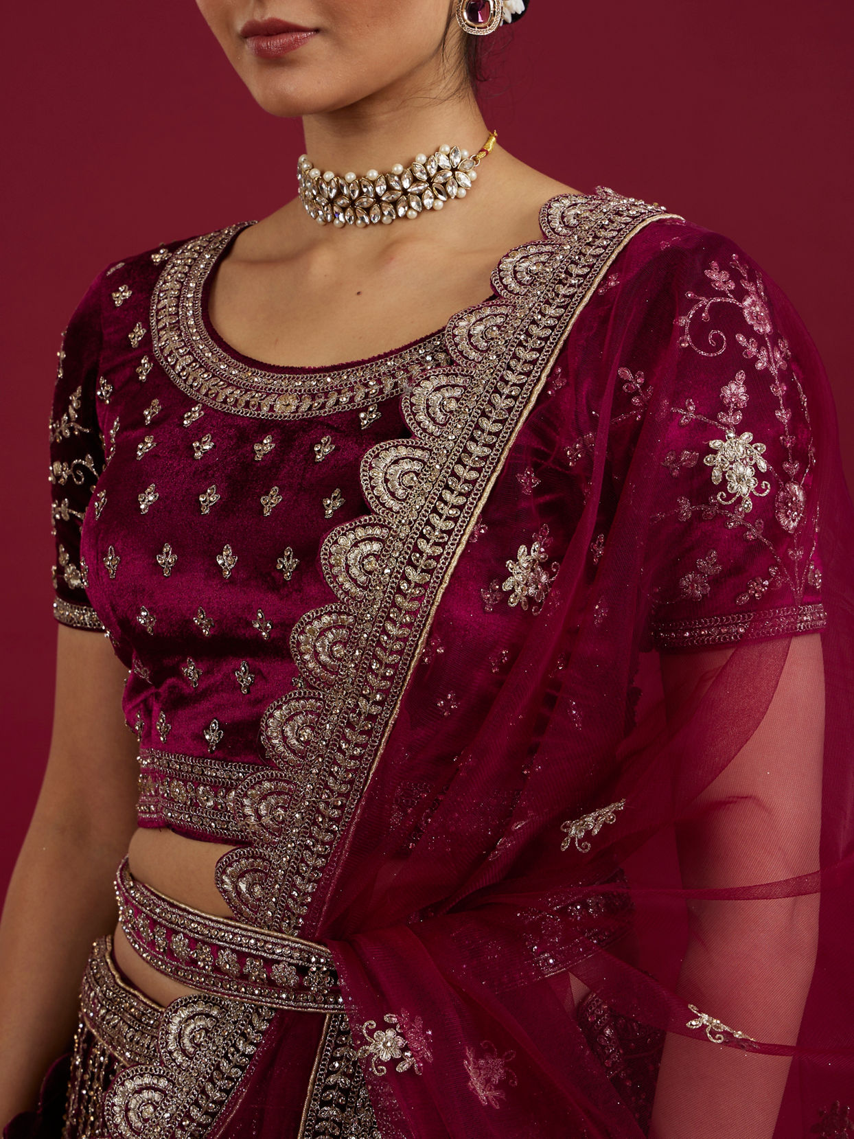 Mohey Women Wine Velvet Bliss Lehenga image number 3