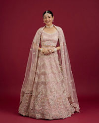 Mohey Women Blush Pink Floral Embroidered Lehenga with Rhinestone Embellishment