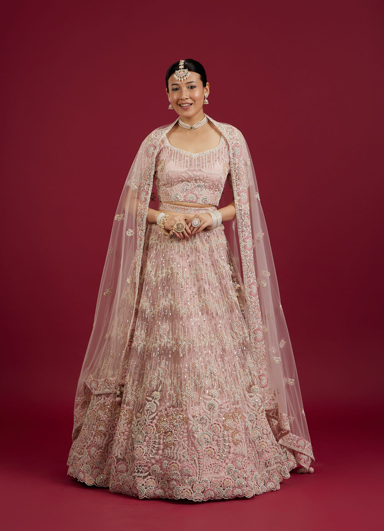 Mohey Women Blush Pink Floral Embroidered Lehenga with Rhinestone Embellishment