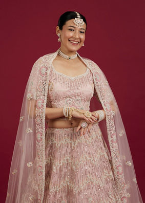 Mohey Women Blush Pink Floral Embroidered Lehenga with Sequin and Rhinestone Embellishment
