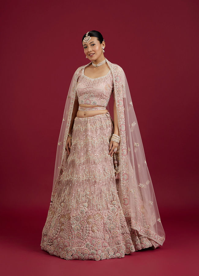 Mohey Women Blush Pink Floral Embroidered Lehenga with Sequin and Rhinestone Embellishment