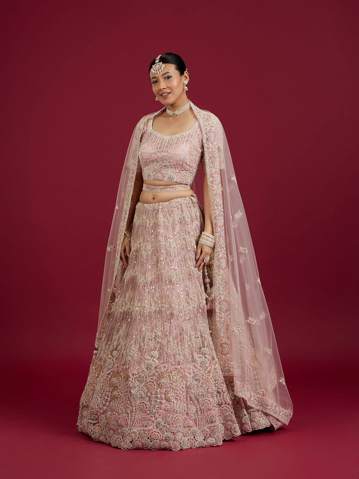 Mohey Women Blush Pink Floral Embroidered Lehenga with Sequin and Rhinestone Embellishment