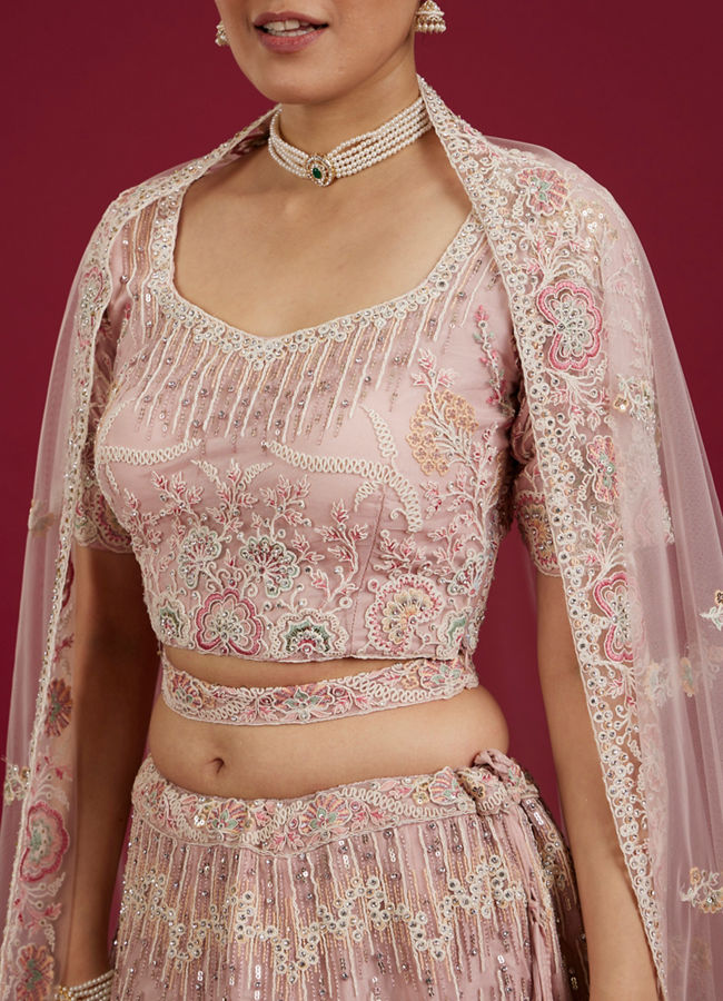 Mohey Women Blush Pink Floral Embroidered Lehenga with Sequin and Rhinestone Embellishment