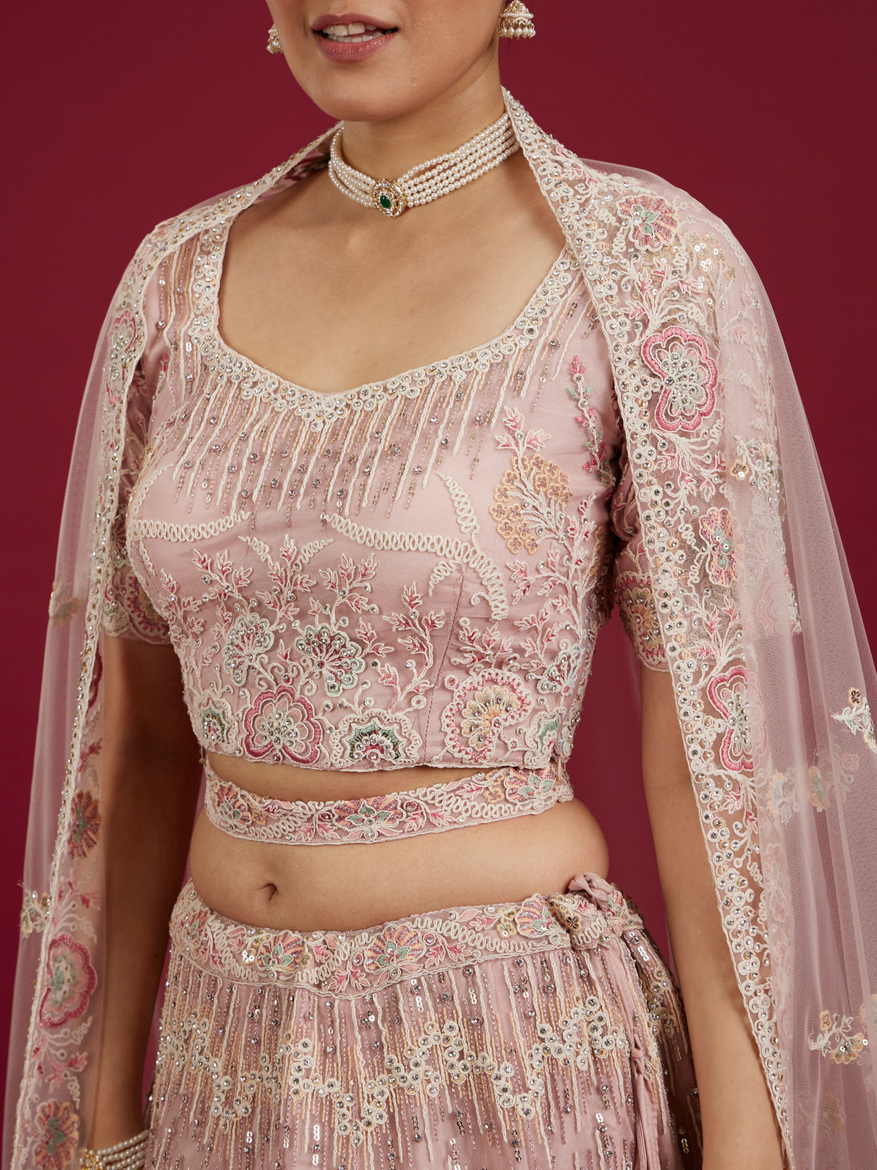 Mohey Women Blush Pink Floral Embroidered Lehenga with Sequin and Rhinestone Embellishment