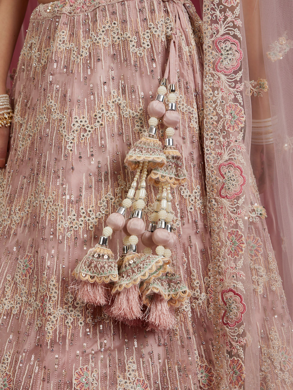 Mohey Women Blush Pink Floral Embroidered Lehenga with Sequin and Rhinestone Embellishment