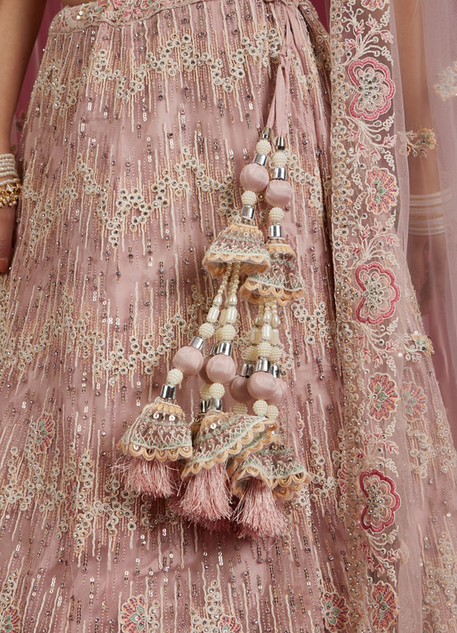 Mohey Women Blush Pink Floral Embroidered Lehenga with Sequin and Rhinestone Embellishment