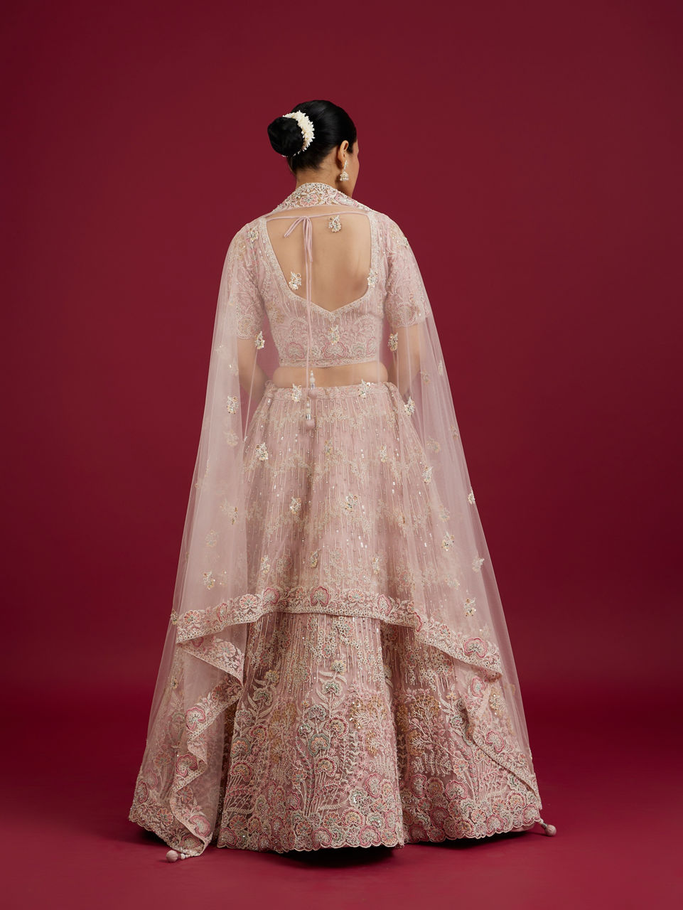 Mohey Women Blush Pink Floral Embroidered Lehenga with Sequin and Rhinestone Embellishment