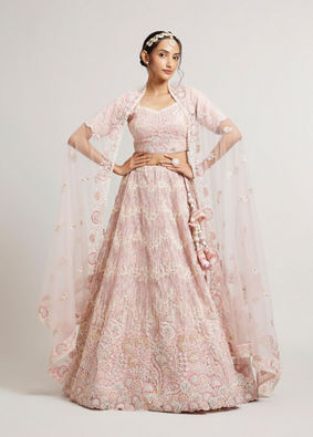 alt message - Mohey Women Blush Pink Floral Embroidered Lehenga with Sequin and Rhinestone Embellishment image number 0