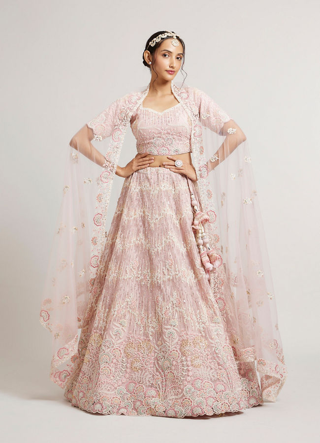 alt message - Mohey Women Blush Pink Floral Embroidered Lehenga with Sequin and Rhinestone Embellishment image number 0