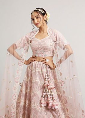 alt message - Mohey Women Blush Pink Floral Embroidered Lehenga with Sequin and Rhinestone Embellishment image number 1