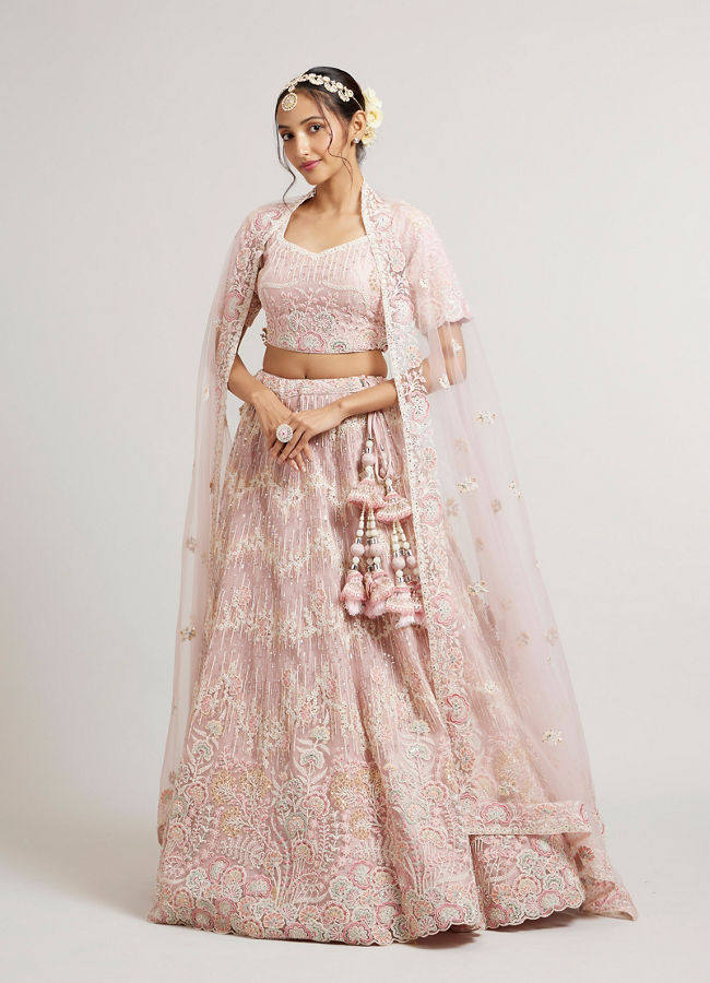 alt message - Mohey Women Blush Pink Floral Embroidered Lehenga with Sequin and Rhinestone Embellishment image number 2