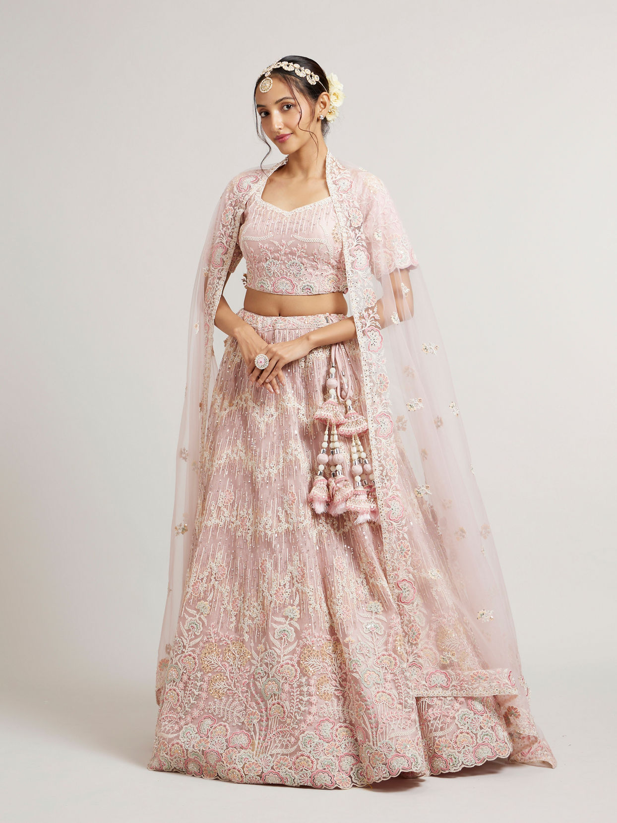 alt message - Mohey Women Blush Pink Floral Embroidered Lehenga with Sequin and Rhinestone Embellishment image number 2