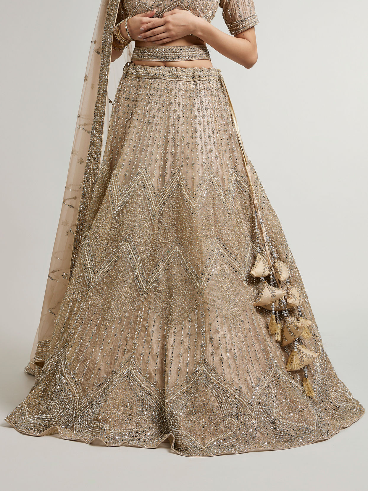 Mohey Women Soft Fawn Chevron Patterned Bridal Lehenga with Cutdana, Sequin & Mirror Work image number 4