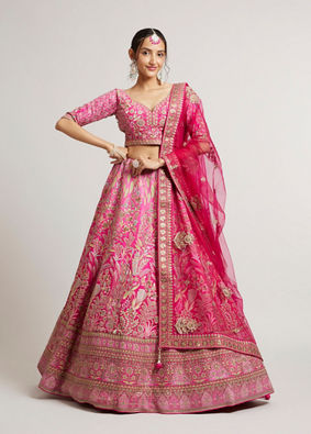 Mohey Women Rani Pink Lehenga with Botanical Patterns, Floral Motifs